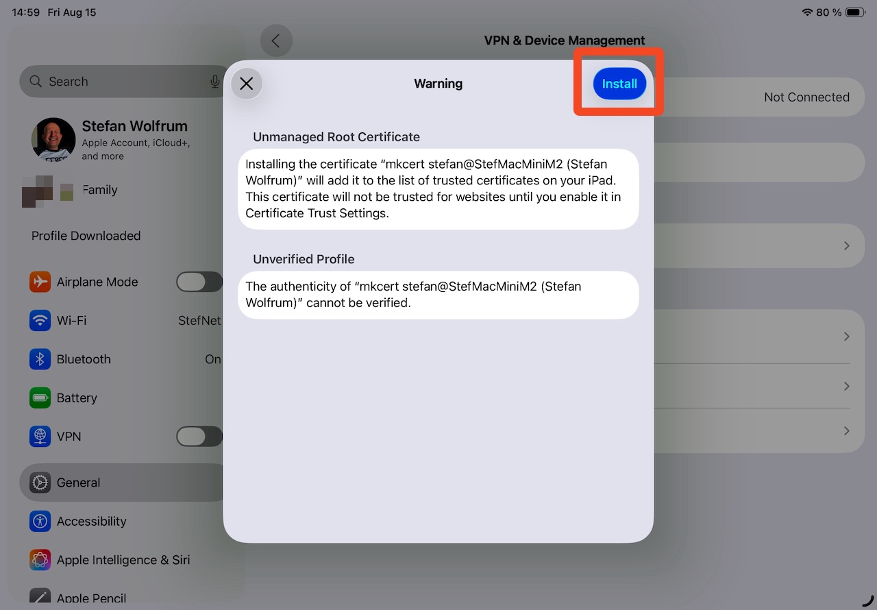 Dialog zur Installation eines Zertifikat-Profils in den iPad-Einstellungen. Hauptinhalt ist die Auswahl Installieren auf iPad, übersichtliche Oberfläche, Fokus auf einfache und sichere Installation.