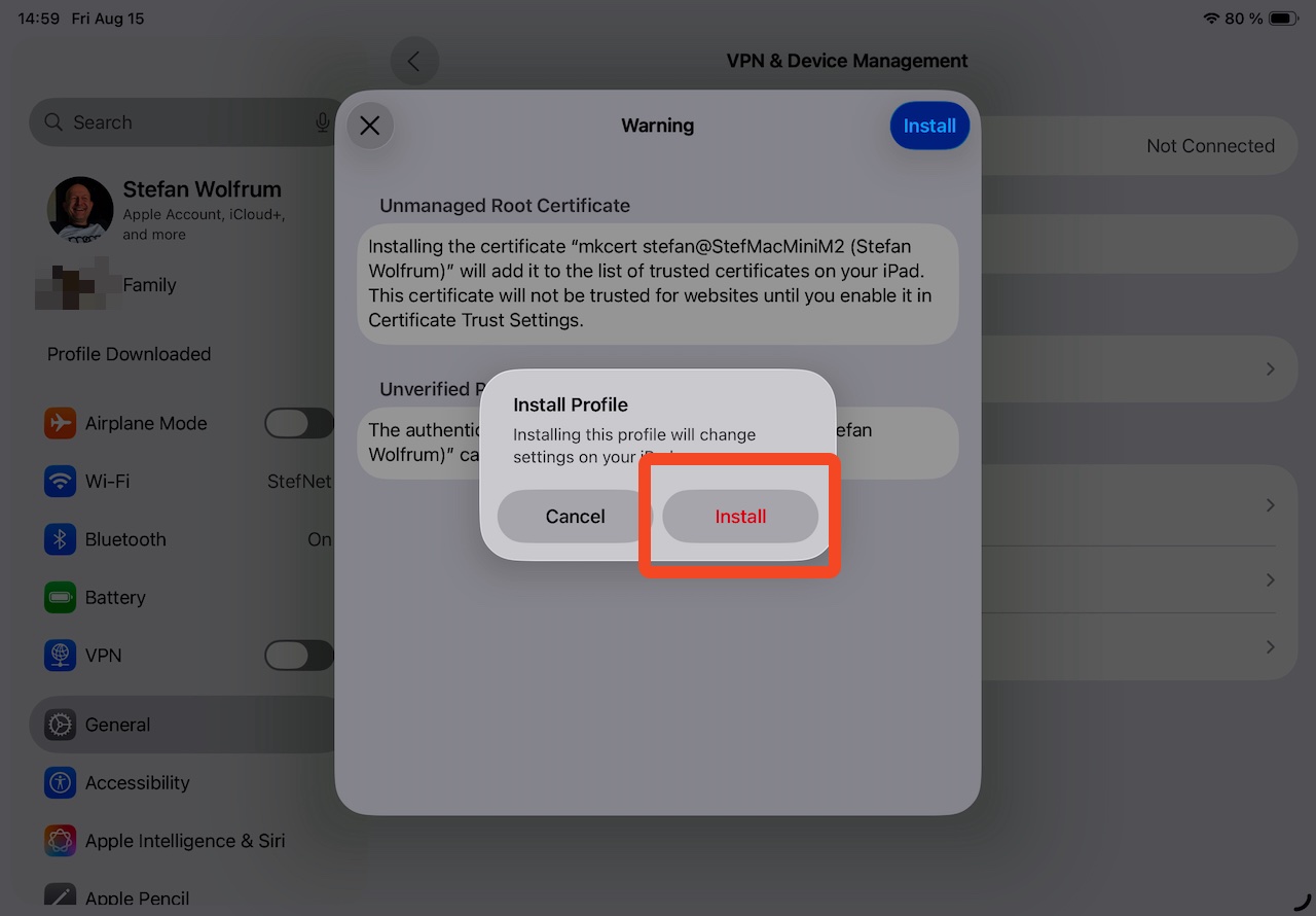 Installationsdialog für ein Zertifikatprofil in den iPadOS-Einstellungen. Zu sehen sind die Optionen Profil installieren und iPad als Gerät. Schlichte, übersichtliche Oberfläche.