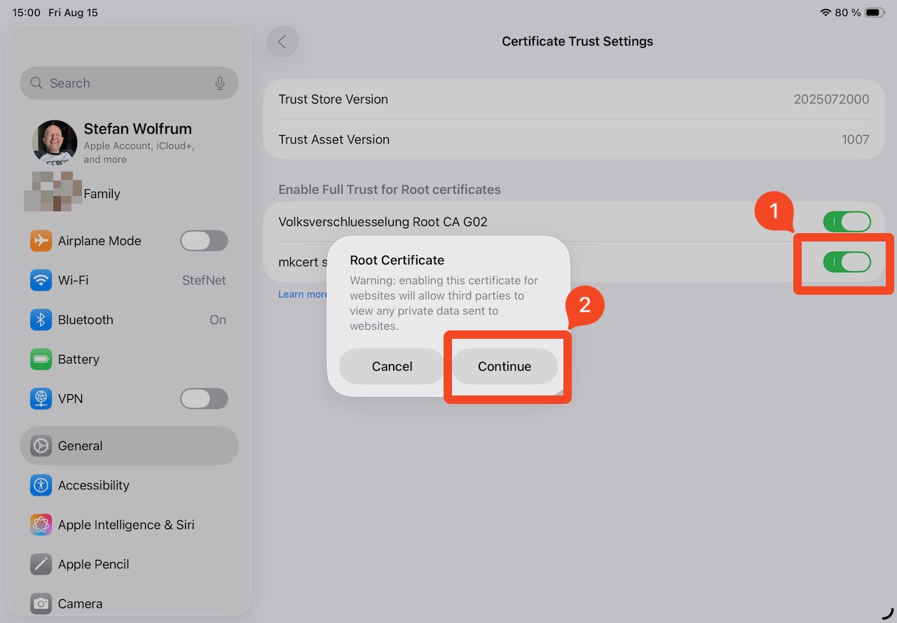 iPad zeigt einen Bestätigungsdialog zum Aktivieren des Root-CA-Zertifikats. Schalter zum Einschalten und Button zum Bestätigen, einfache Oberfläche. Sichtbarer Text: Zertifikatsvertrauenseinstellungen und Zertifikatsname.