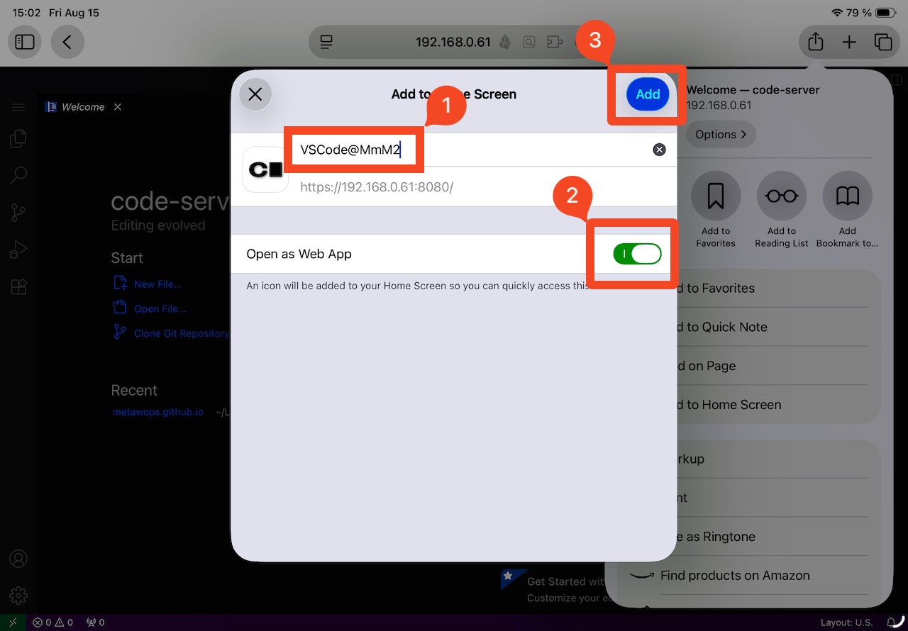 VSCode-Oberfläche in Safari auf einem iPad im Vollbildmodus, links Dateiliste, rechts Editor mit Quelltext. Moderner, übersichtlicher Workspace, neutrale Atmosphäre.