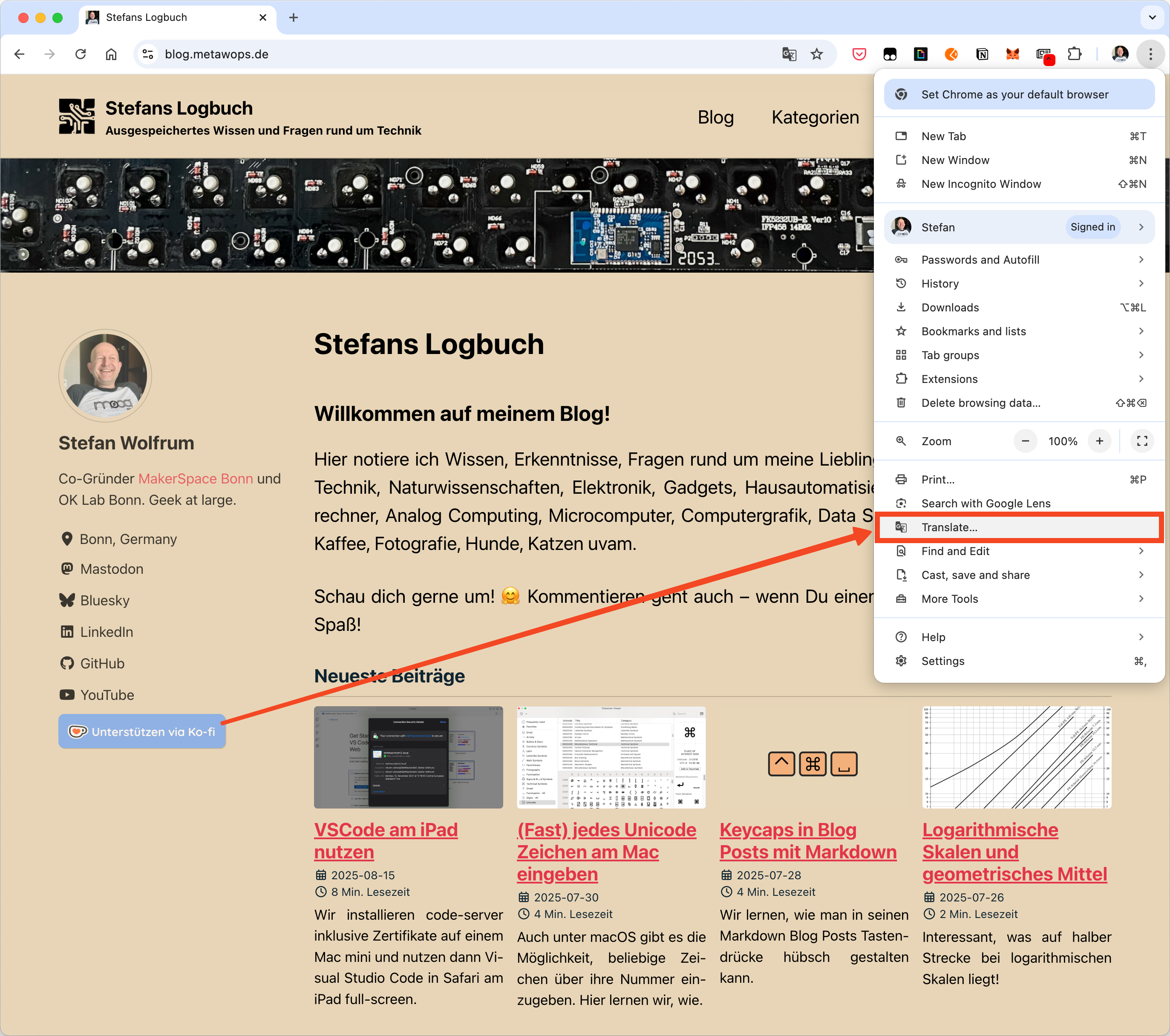 Screenshot showing Chrome on macOS with the main menu opened and the translation menu item highlighted