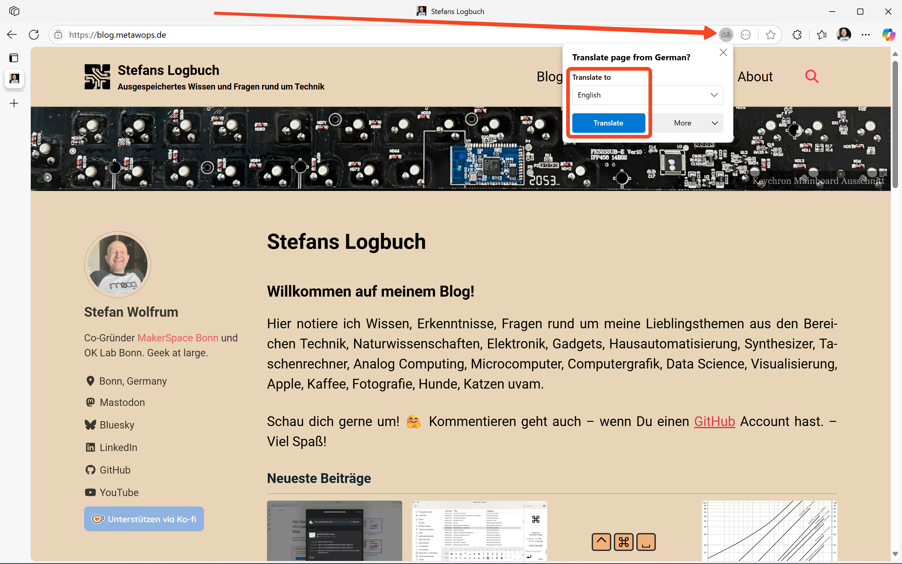 Screenshot showing the Edge browser on Windows 11 with the translation icon in the location bar
