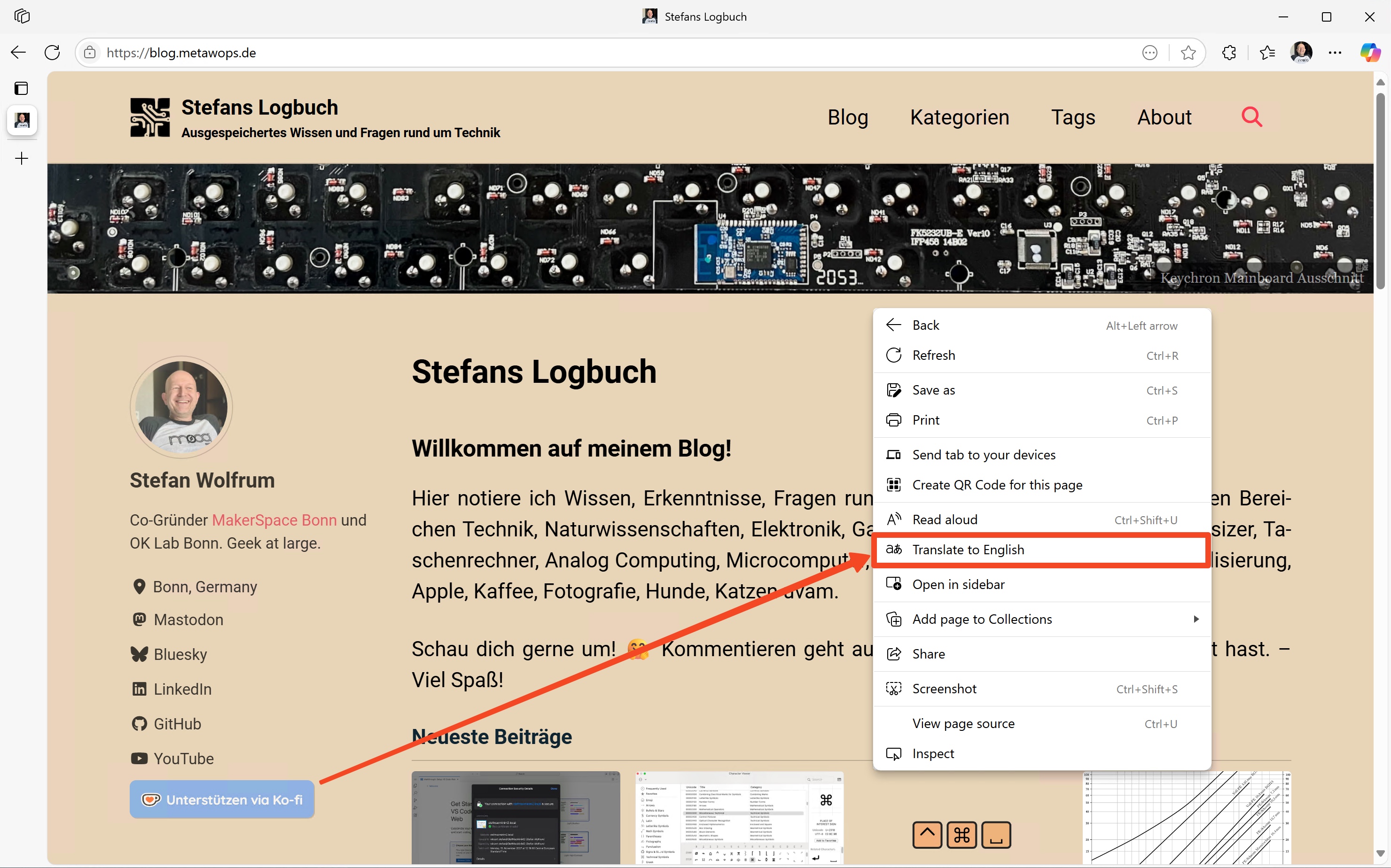 Screenshot showing the Edge browser on Windows 11 with the context menu showing the translation option