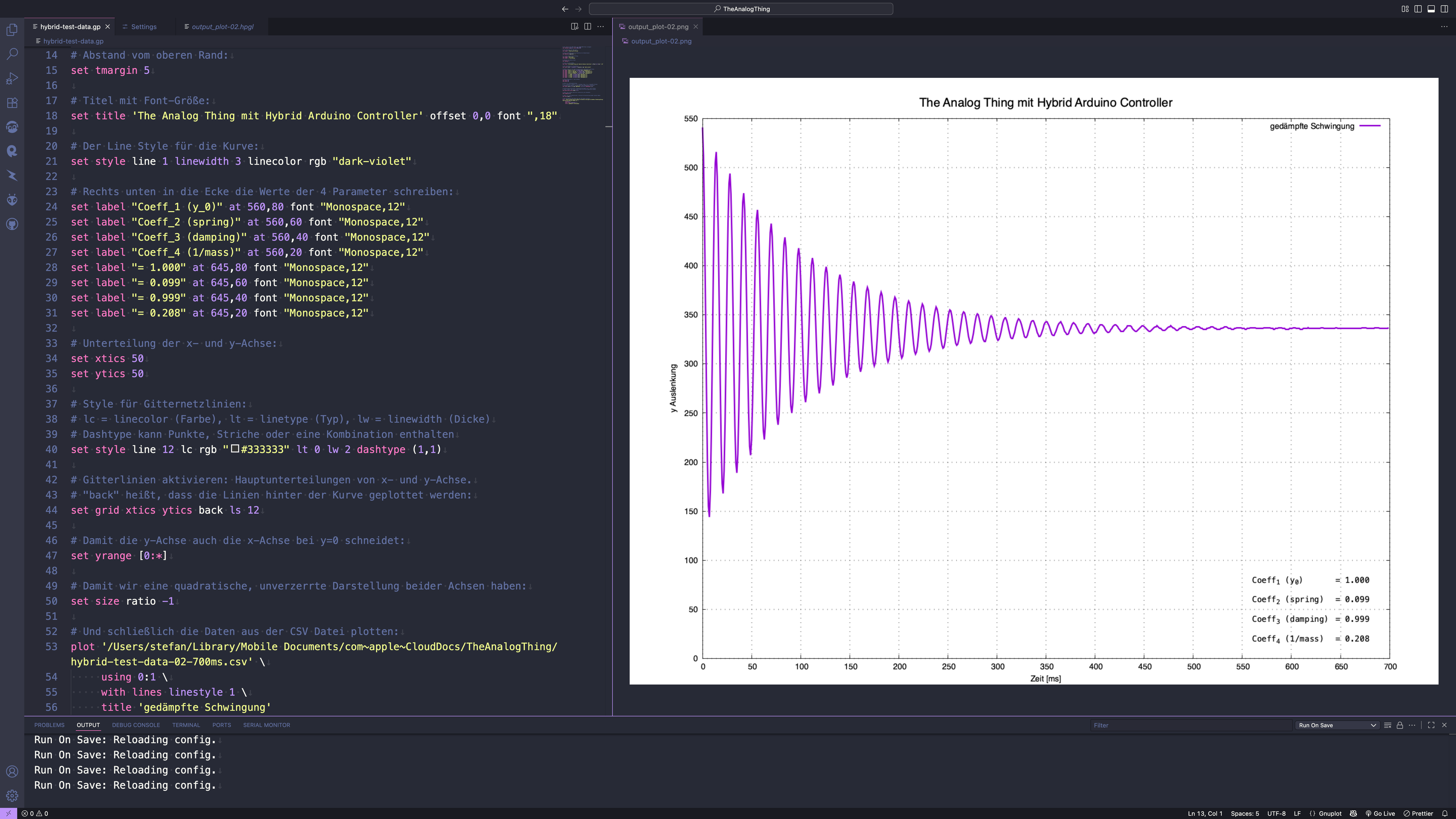 Screenshot von VSCode mit gnuplot Datei und Preview der Grafik