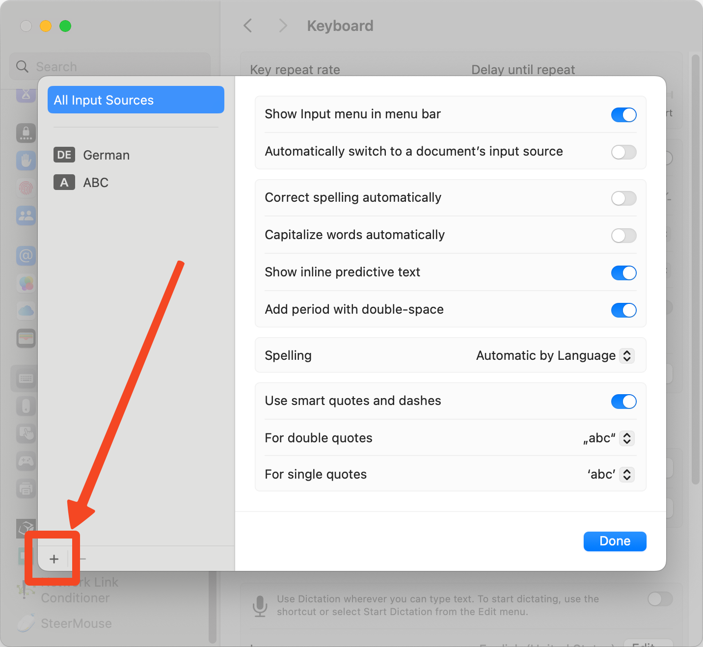 Screenshot zeigt die macOS Systemeinstellungen im Bereich Tastatur. Im linken Bereich sind die Eingabequellen sichtbar, unten links ist das Plus-Symbol zum Hinzufügen einer neuen Eingabequelle hervorgehoben. Rechts sind verschiedene Tastatureinstellungen zu sehen.
