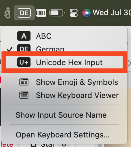 macOS Tastaturlayout Menü Icon und aufgeklapptes Menü von der Menüleiste
